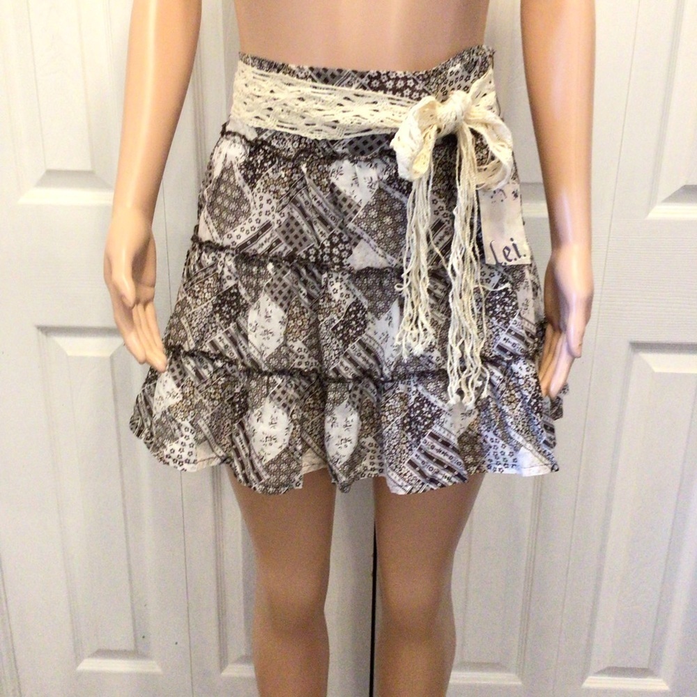 L.e.i. Juniors Margarita Expresso Brown Patchwork Print Belted Mini Skirt Size M